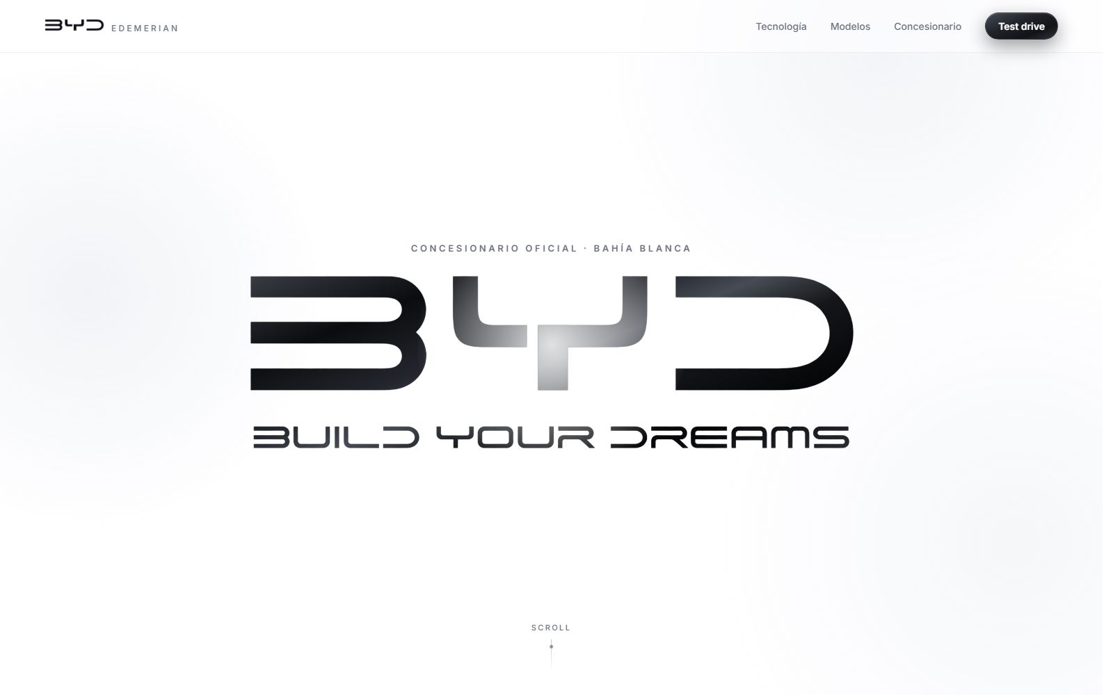 Captura de la página web de BYD Edemerian, concesionaria oficial en Bahía Blanca — diseño minimalista en blanco con el logo BYD