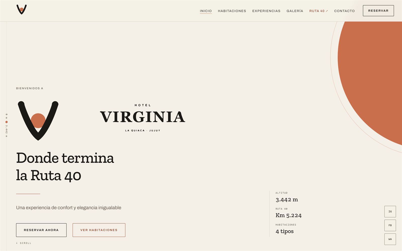 Captura de la página web de Hotel Virginia — hero en tonos crema con el isotipo V, el título «Donde termina la Ruta 40» y un círculo terracota