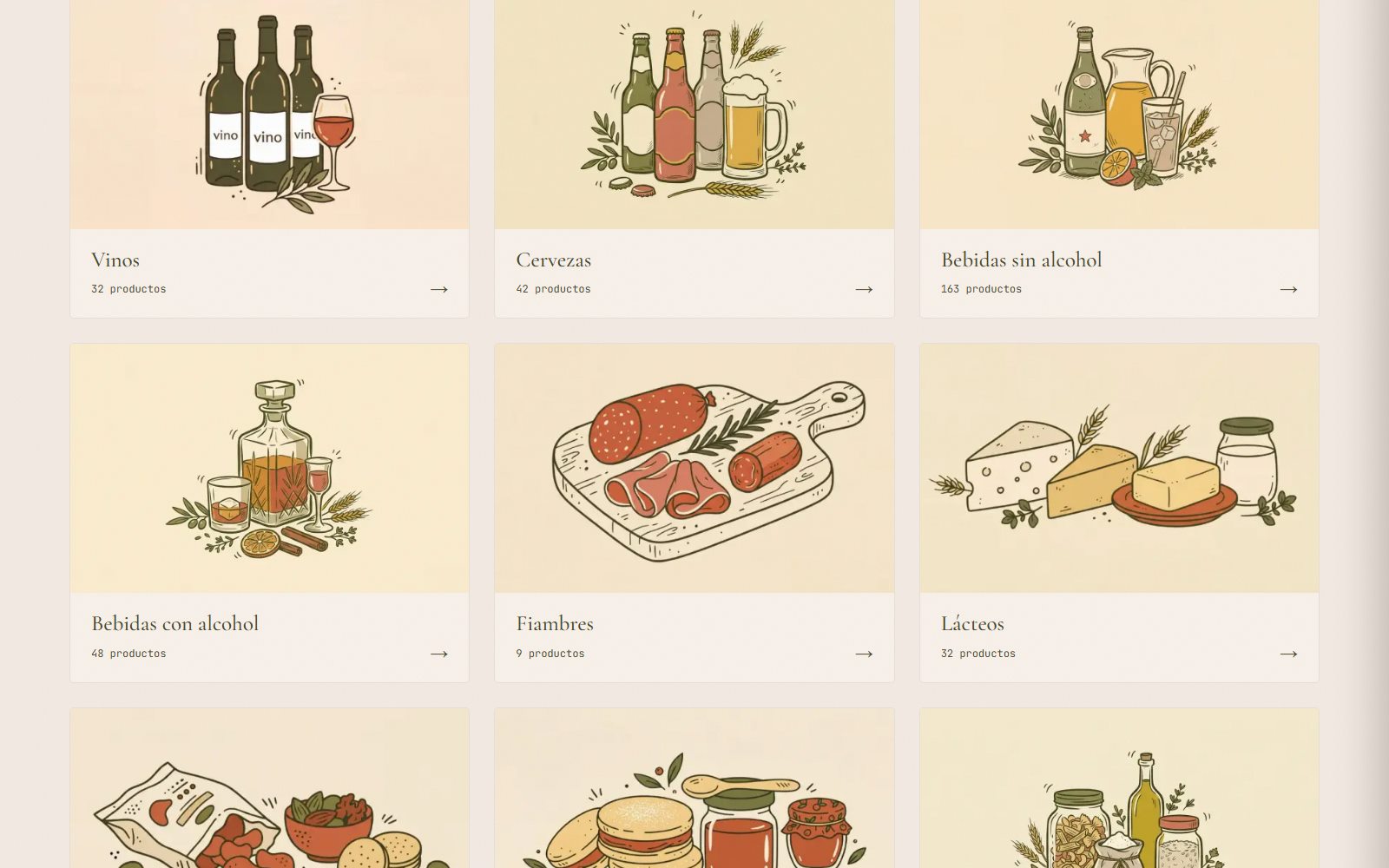 Captura de la tienda online Virginia Market — grilla de categorías con ilustraciones de productos sobre fondo crema